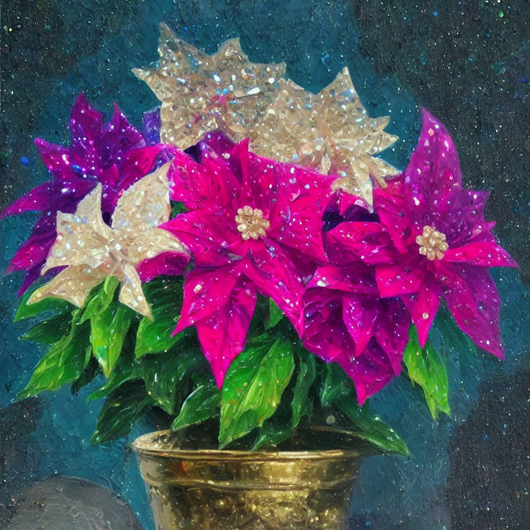 Colorful Glitter Poinsettias in Gold Pot on Blue Background