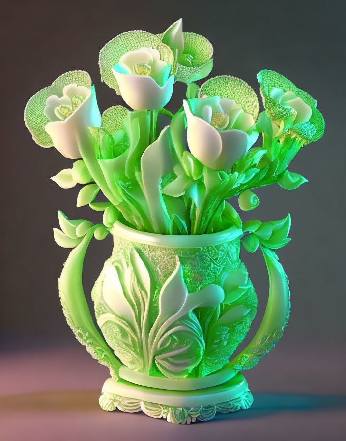 Luminous green vase with white tulips and floral patterns