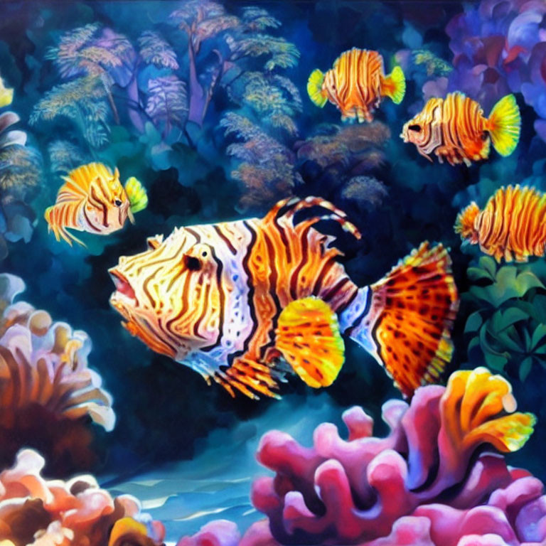 Vibrant lionfish in colorful coral reef scene