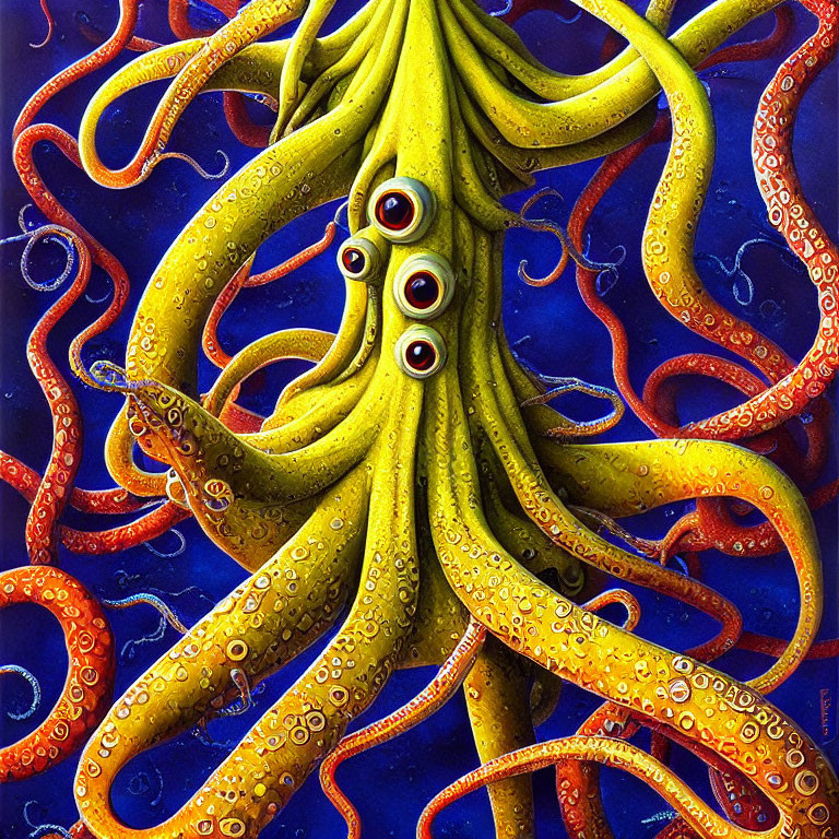 Colorful Yellow Octopus Illustration with Red-Rimmed Eyes on Blue Background