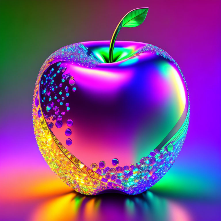 Vibrant neon apple artwork with sparkling bubbles on gradient background