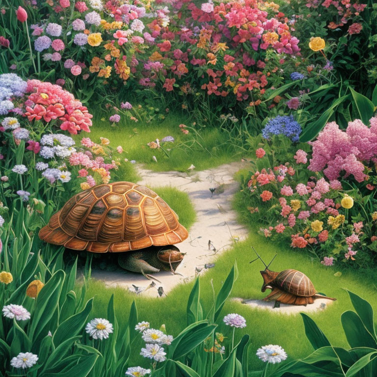 Turtle and Snail in Garden Path with Flowers and Greenery