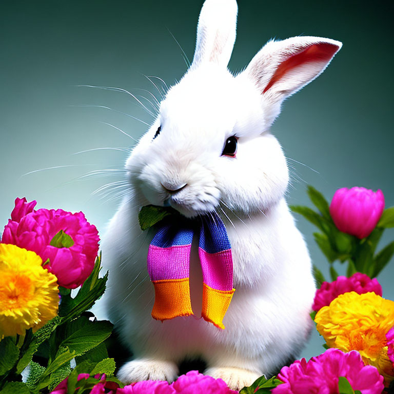 White Rabbit with Colorful Bow Tie Surrounded by Pink and Yellow Flowers