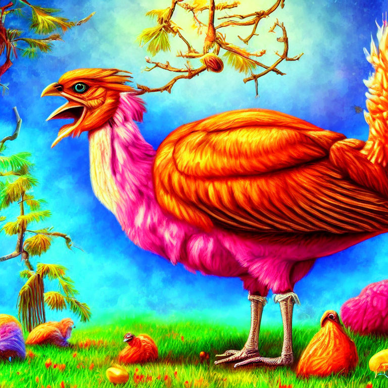 Vibrant mythical bird creature in colorful landscape