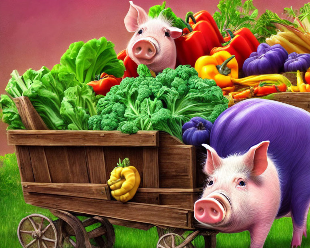 Wooden cart overflowing with fresh vegetables and two pink pigs on green and purple background