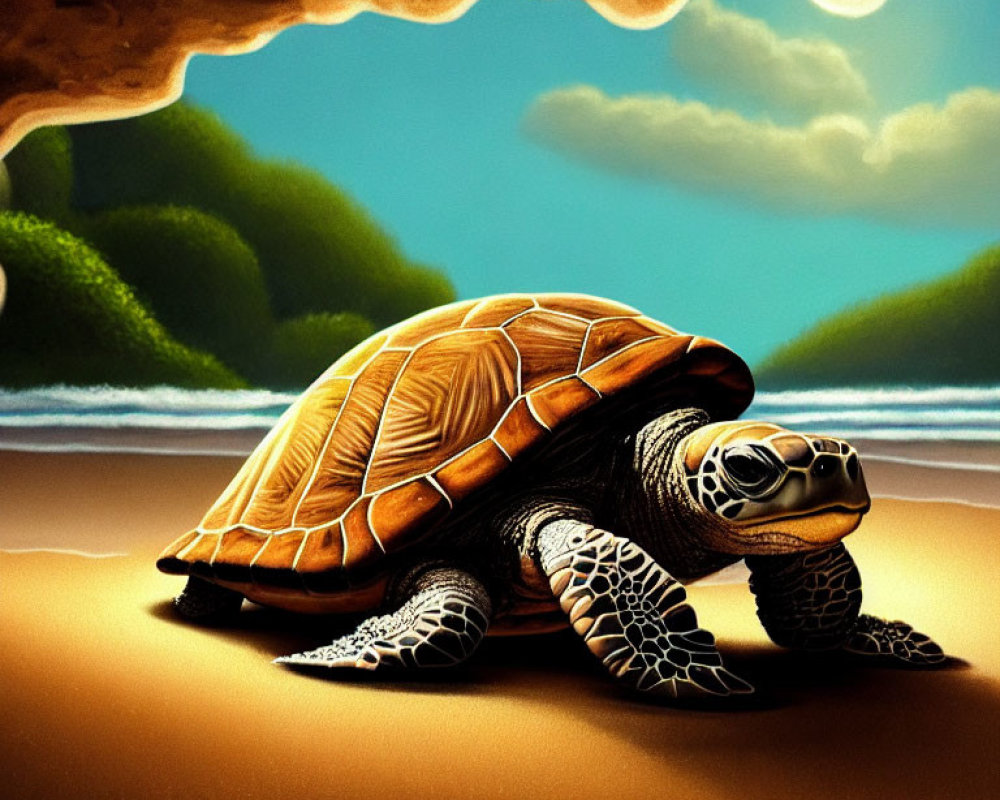 Realistic Turtle Illustration on Sandy Beach with Moonlit Sky