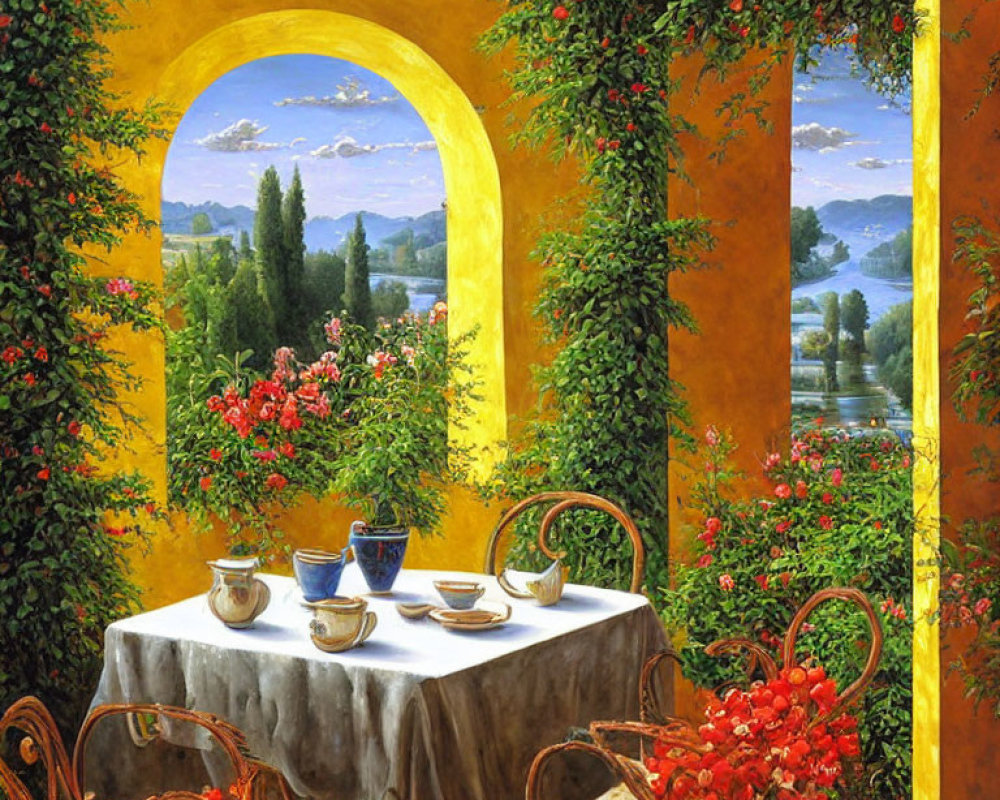 Scenic terrace painting with table for two overlooking lake