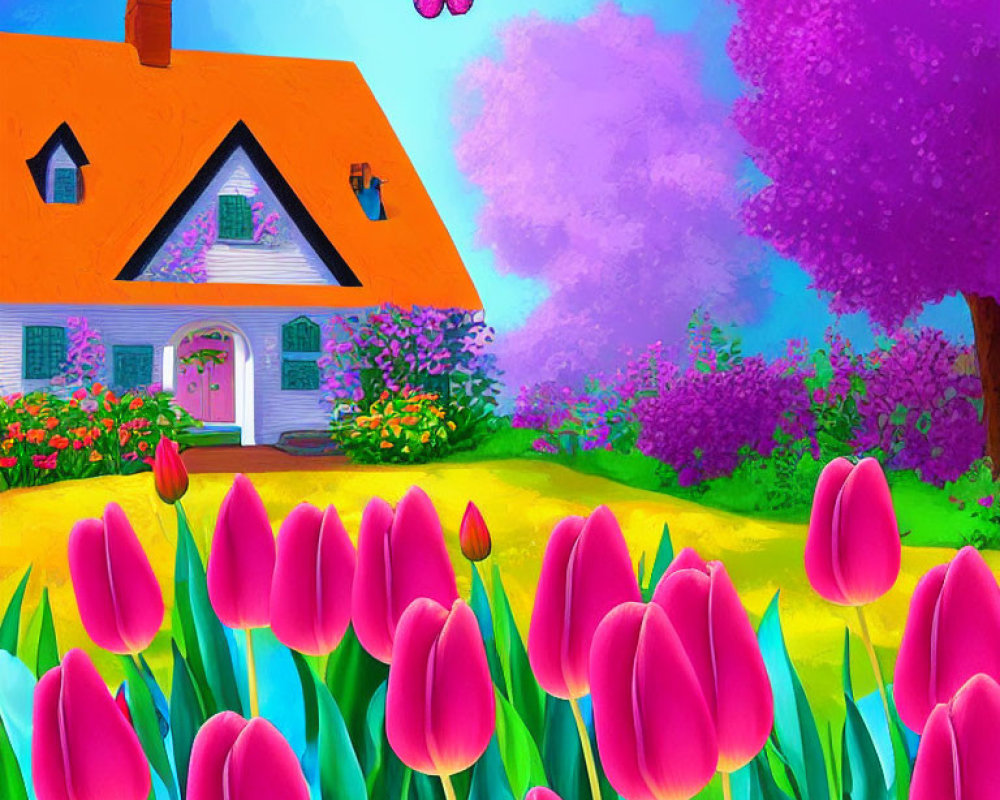 Colorful illustration of a thatched roof cottage with tulips, purple trees, and a butterfly