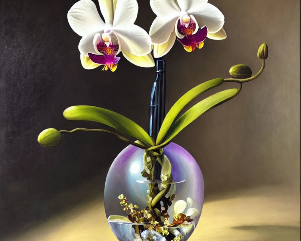 White Orchids with Purple Centers in Clear Round Vase on Dark Background