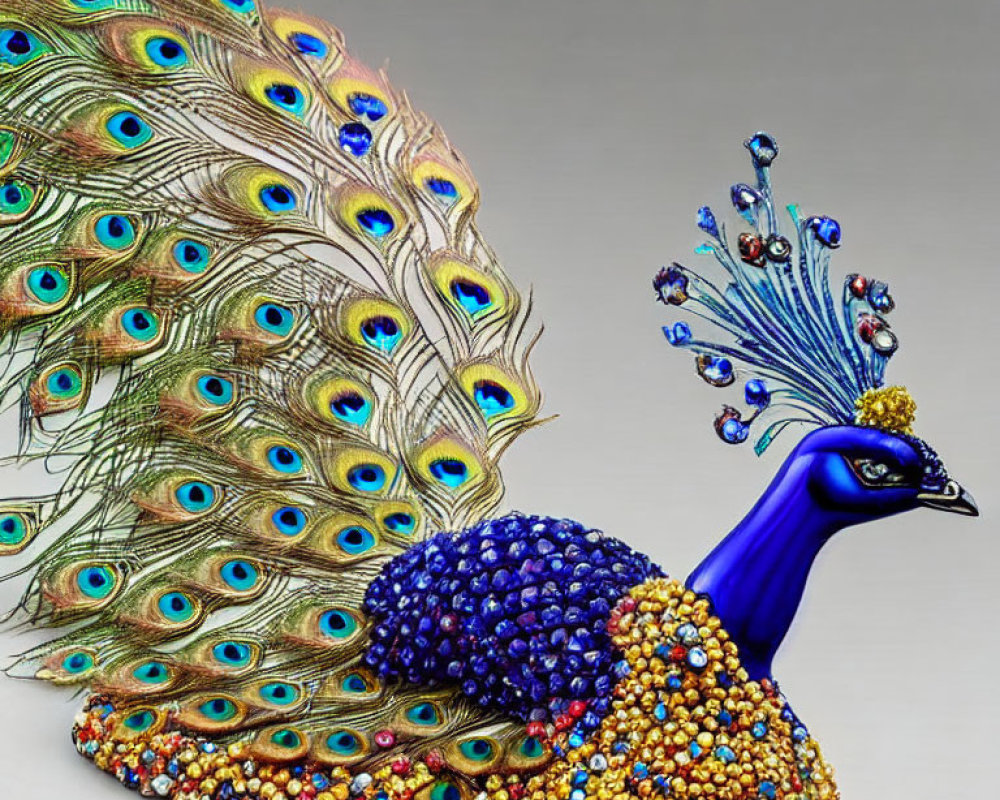 Colorful Crystal Adorned Peacock Sculpture with Natural Feathers