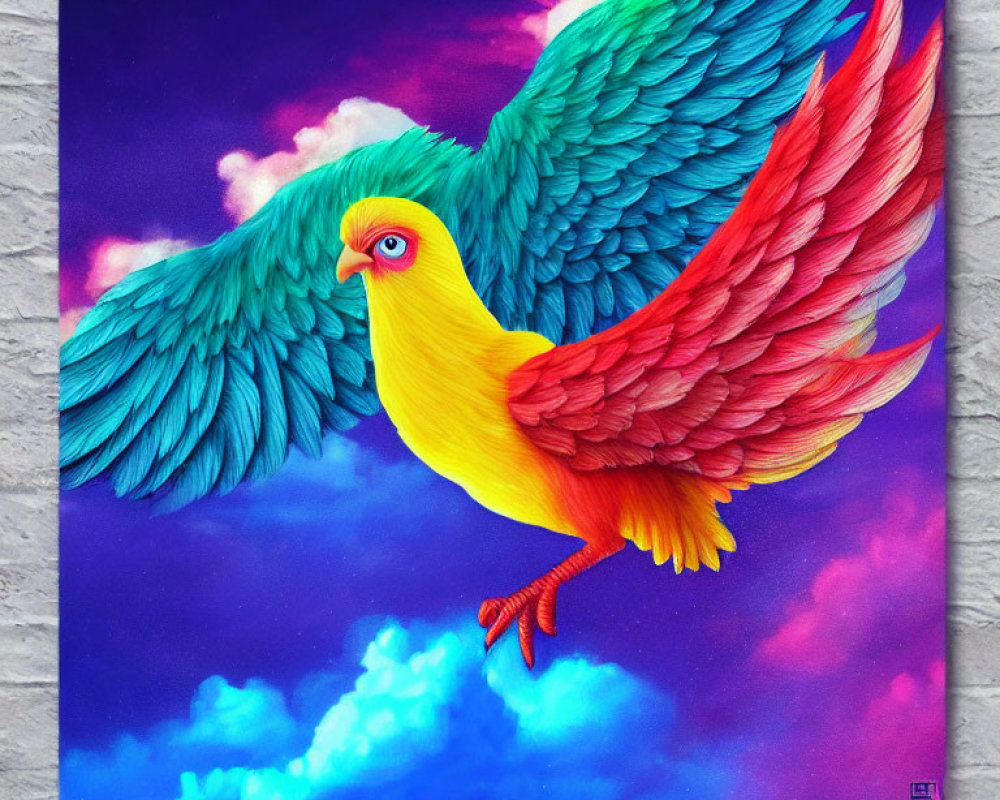 Colorful bird painting with teal and red wings flying in pink and purple clouds