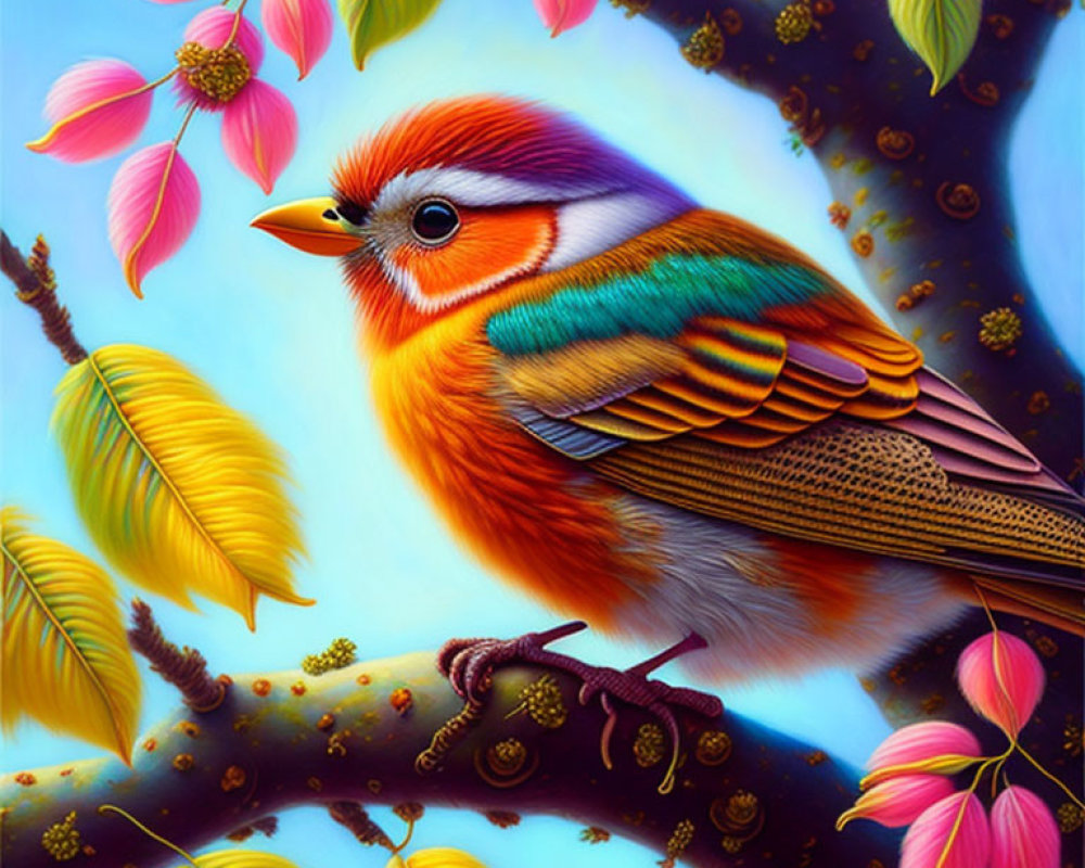 Colorful Bird Among Pink Blossoms and Golden Leaves on Blue Background