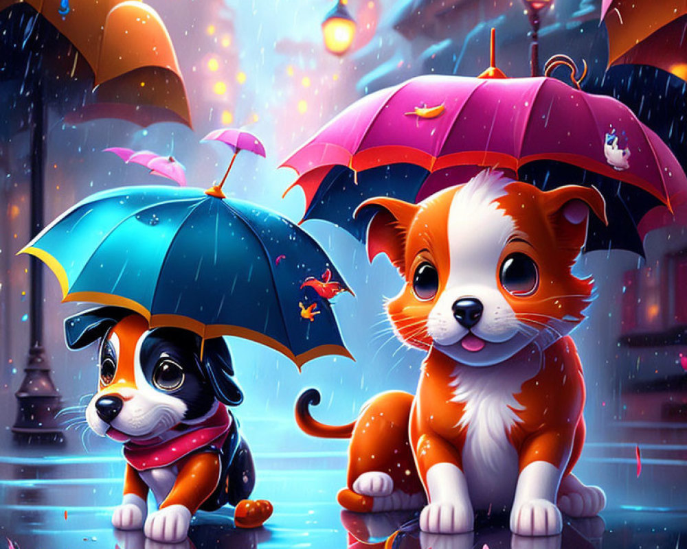 Illustration of puppy and kitten with umbrellas on rainy street