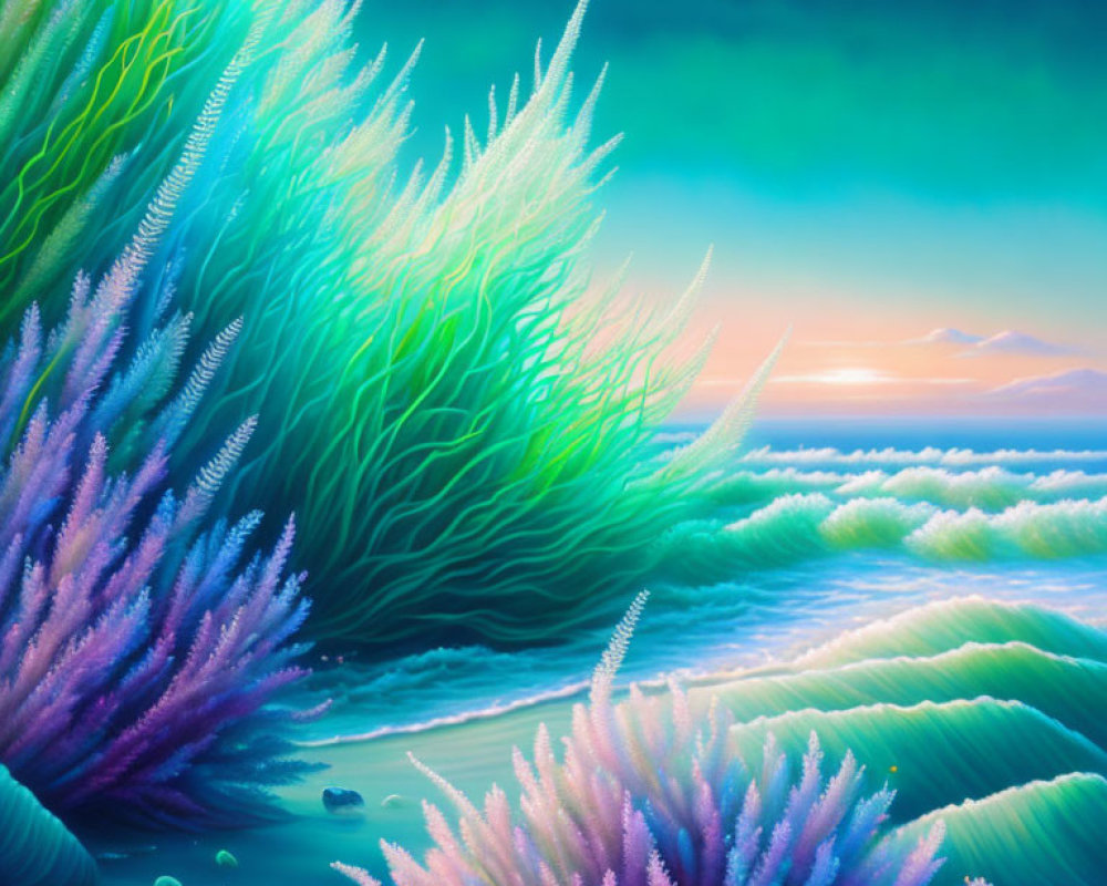 Luminescent coral in vibrant underwater twilight scene