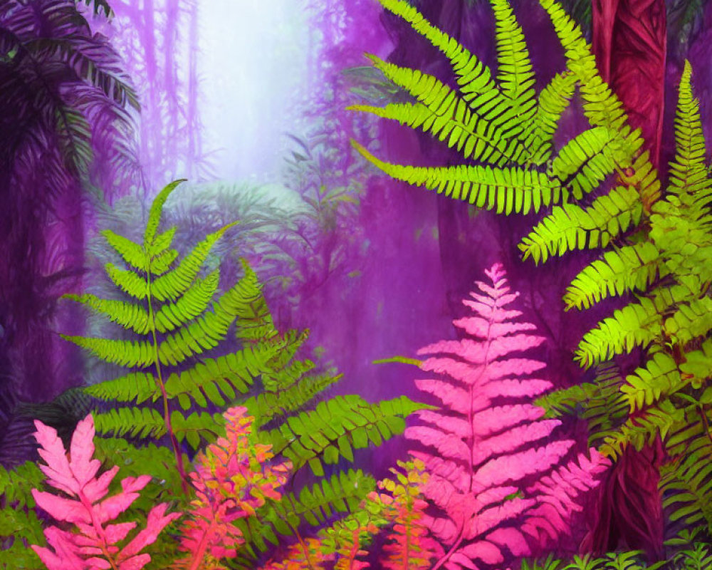 Enchanted forest with vibrant green and pink ferns and purple haze