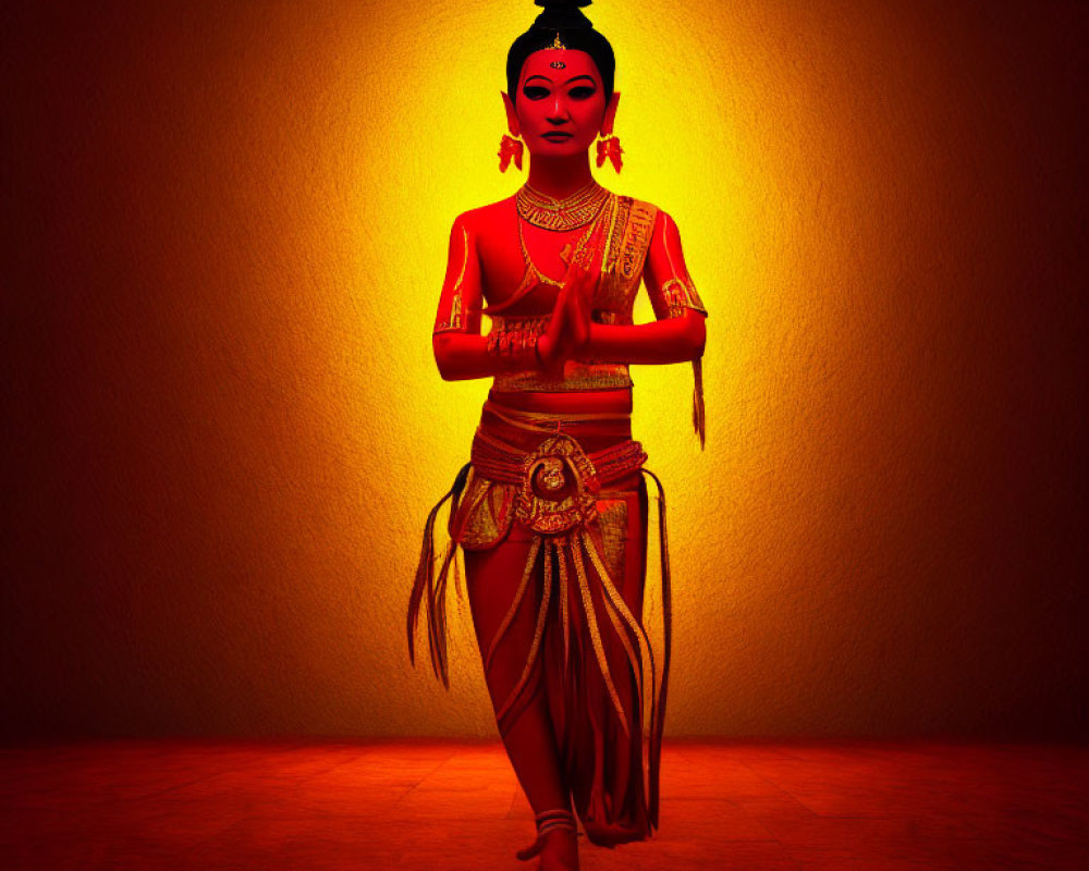 Traditional Thai Dancer in Elaborate Costume Against Warmly Lit Orange Backdrop