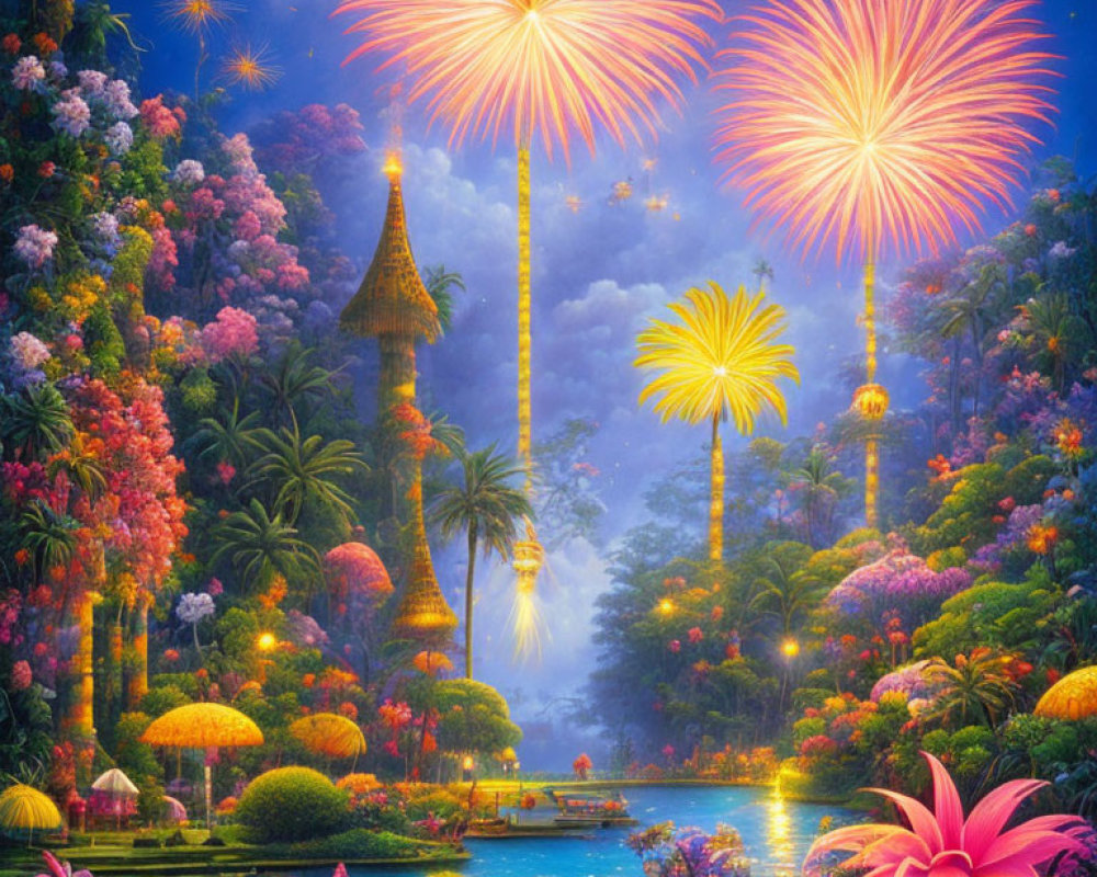 Fantasy landscape with fireworks, river, lush flora, exotic buildings, and boat under twilight sky