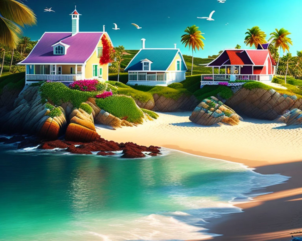 Colorful houses on cliff overlooking lush beach scene under clear blue sky