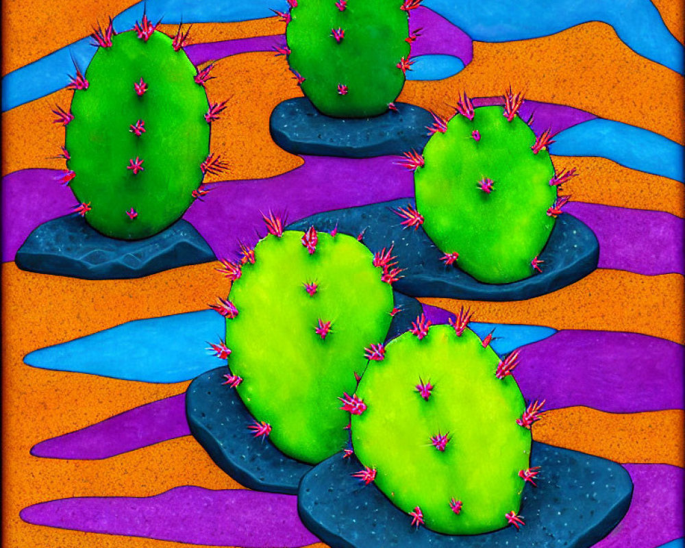 Colorful Illustration of Three Green Cacti on Vibrant Background