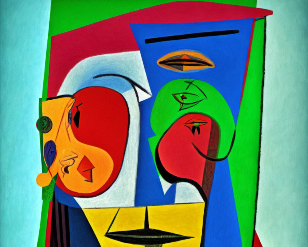 Colorful Abstract Cubist Painting with Geometric Shapes and Fragmented Faces