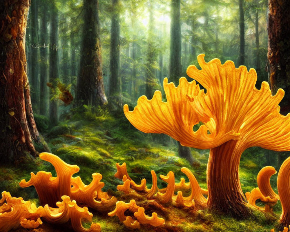 Fantasy forest with oversized golden mushrooms and sunbeams in tall green trees