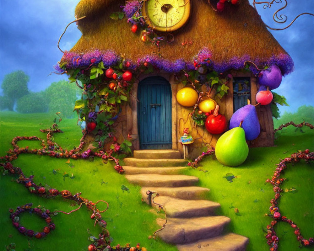 Thatched roof cottage with clock, flowers, and fruits in lush fantasy landscape