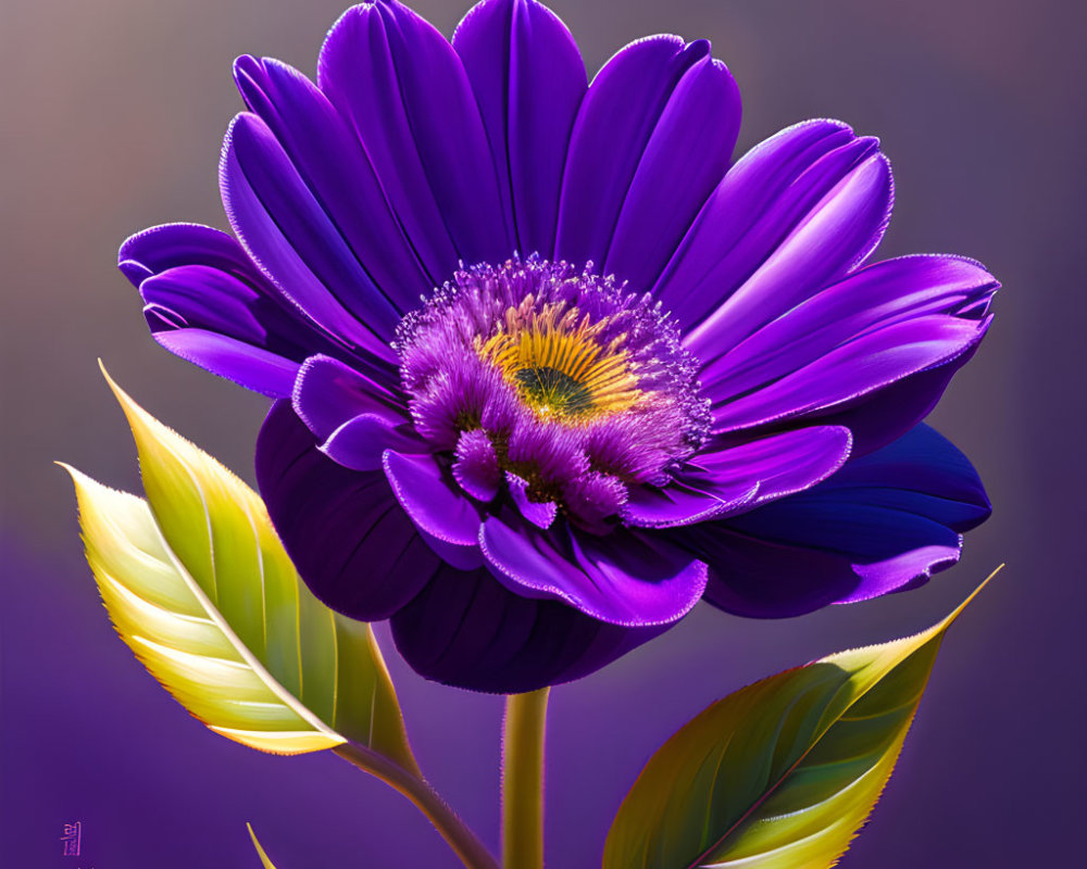 Purple Flower with Yellow Stamens and Green Leaves on Gradient Background