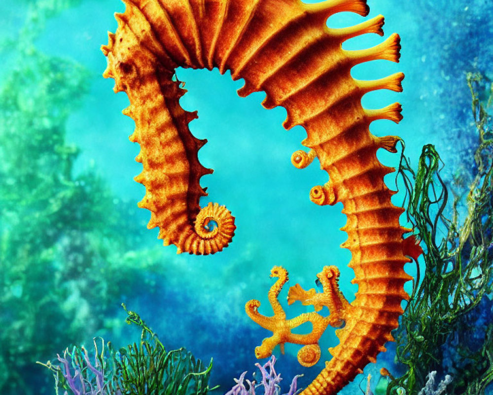 Vibrant underwater scene with orange seahorse and seaweed