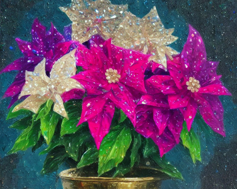 Colorful Glitter Poinsettias in Gold Pot on Blue Background