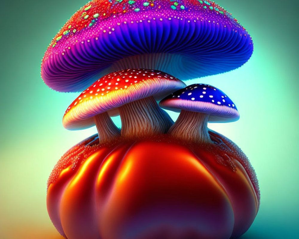 Vibrant digital art: Three luminous mushrooms with red and blue caps