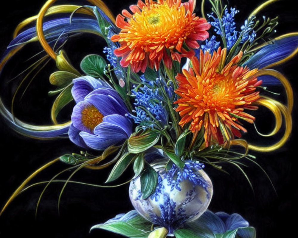 Colorful Floral Bouquet Still-Life Painting with Orange, Purple, and Blue Flowers in Gold-Acc