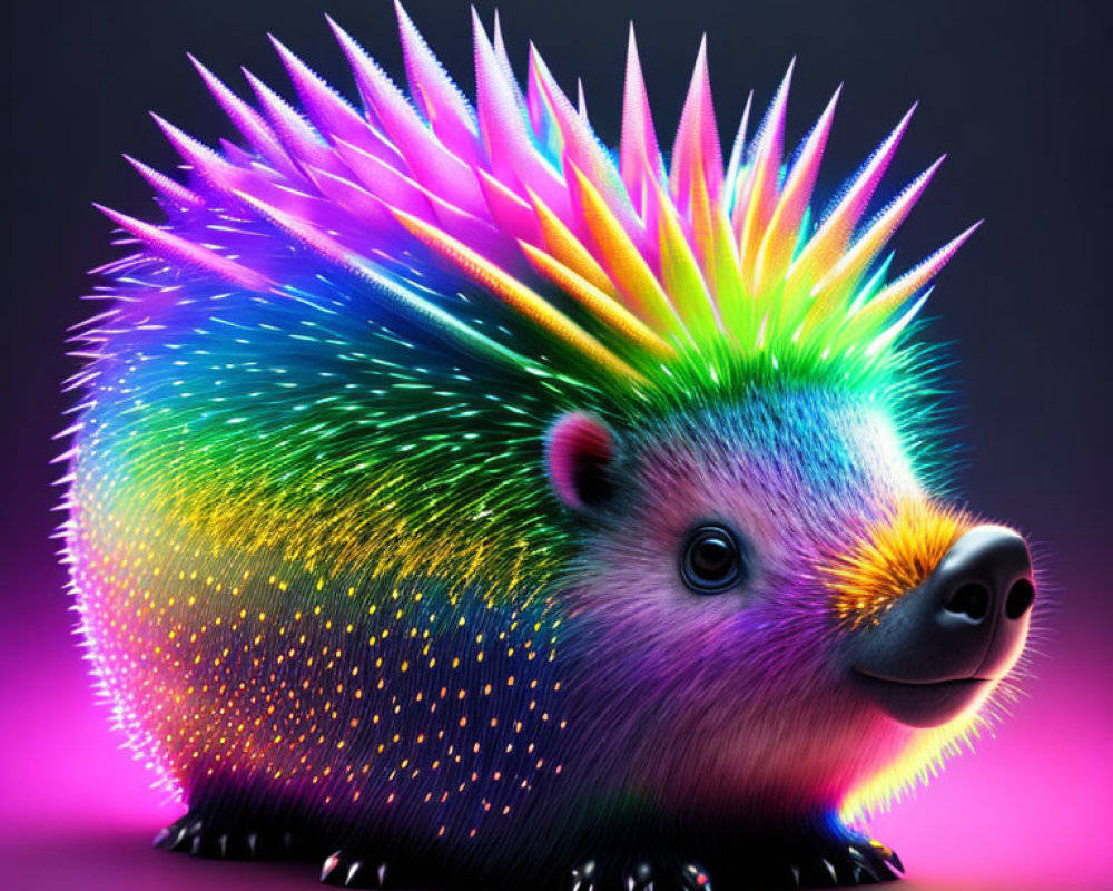 Colorful Neon-Lit Hedgehog with Rainbow Spectrum on Dark Background