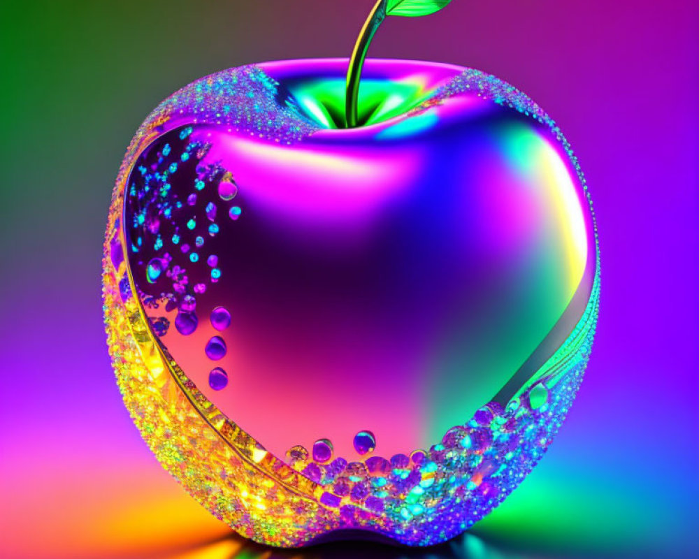 Vibrant neon apple artwork with sparkling bubbles on gradient background