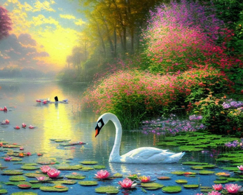 Tranquil lake scene with swan, lush foliage, and sunrise sky