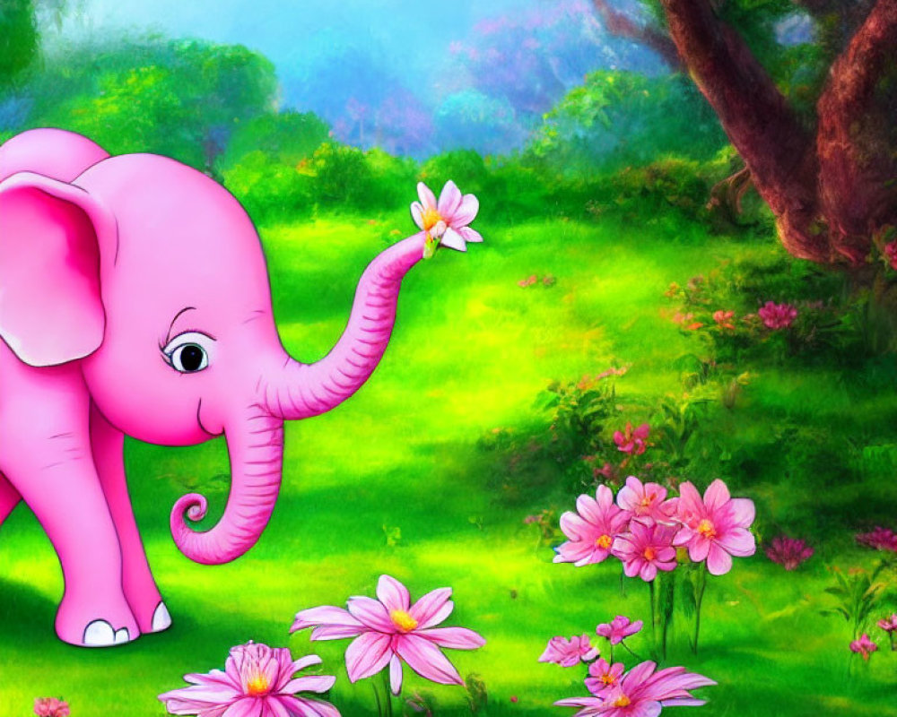 Smiling Pink Elephant with White Flower in Vibrant Green Forest