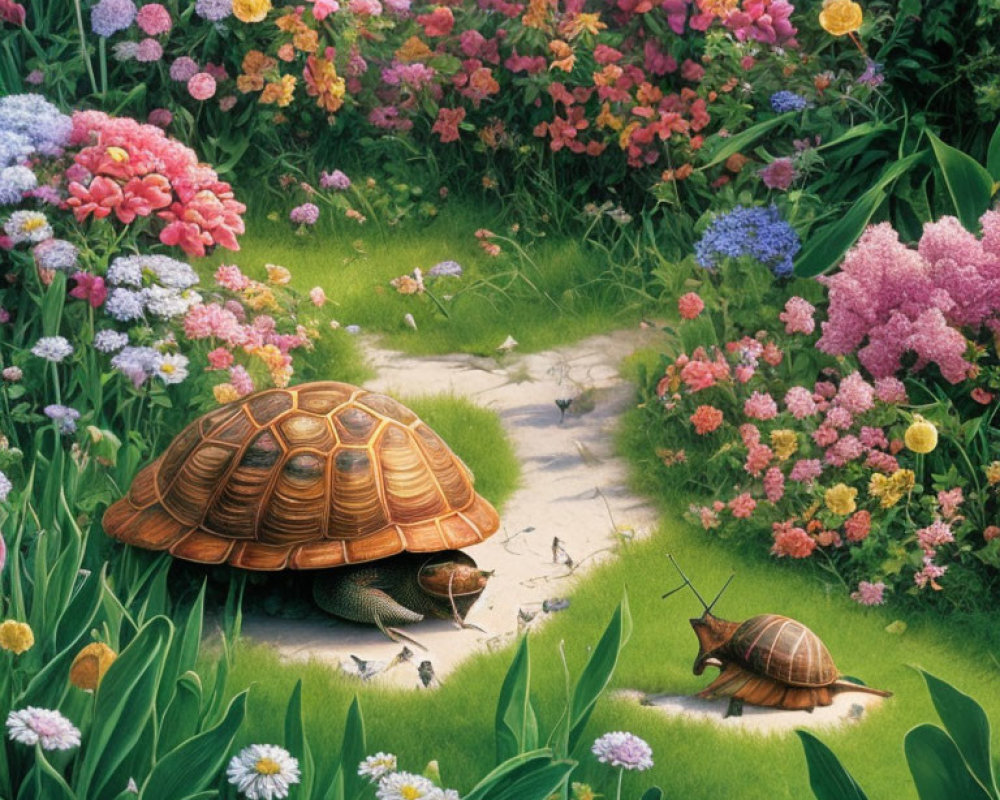 Turtle and Snail in Garden Path with Flowers and Greenery