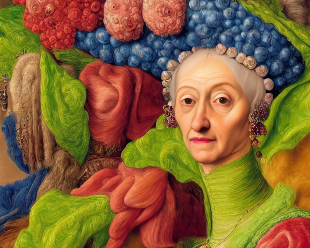 Elderly woman's face merges with fruits, flowers, and fabric textures in surreal portrait