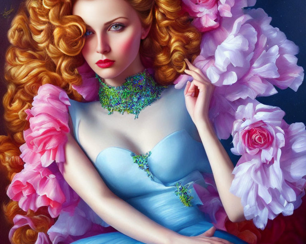 Illustration of woman with voluminous red curly hair, adorned with pink flowers, in blue dress.