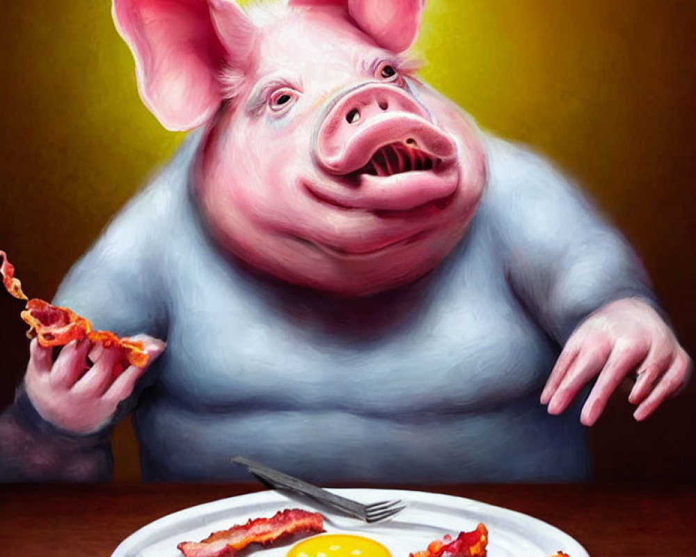 Anthropomorphic Pig Eating Bacon and Eggs at Table