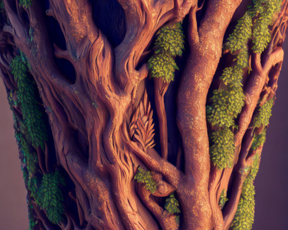 Whimsical digital artwork of intricate tree with green leaves