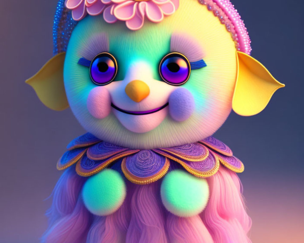 Whimsical Creature with Large Eyes and Flower Headband in Purple Garment