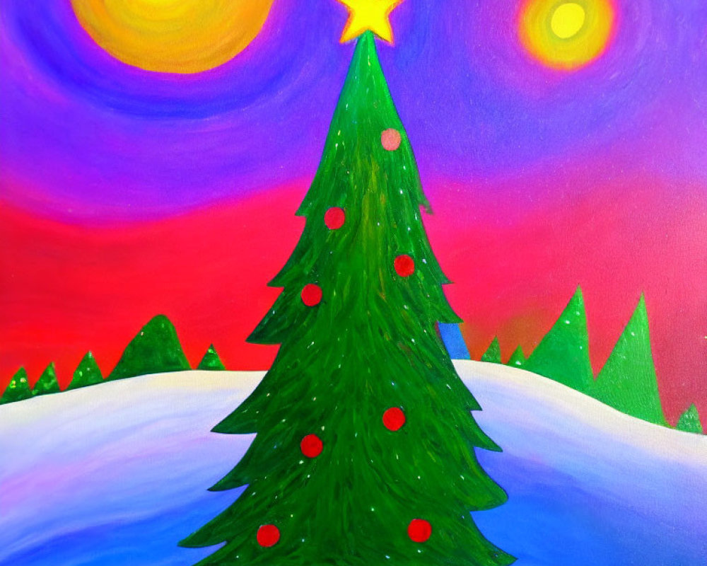 Colorful Christmas tree painting in snowy landscape.