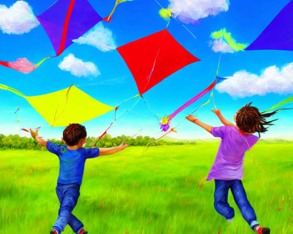 Children flying colorful kites in a green field under a blue sky