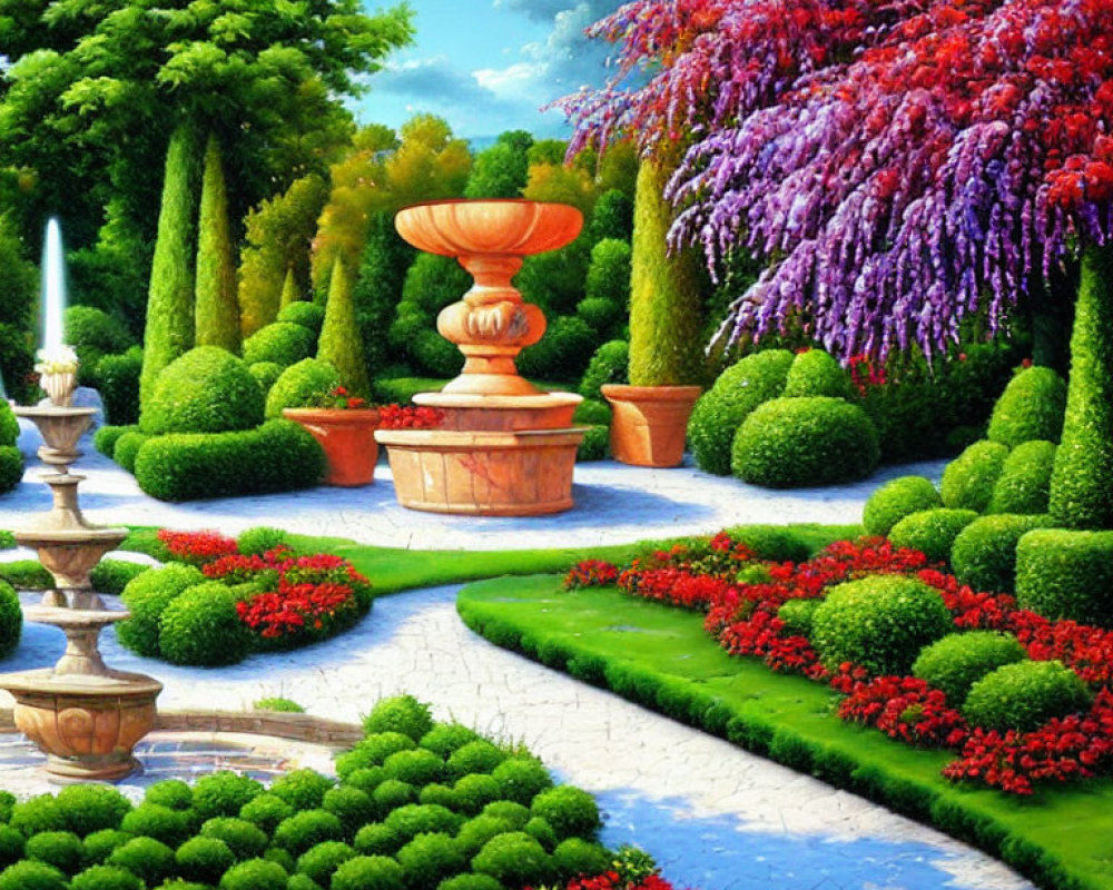 Manicured garden with colorful flowers, stone pathway, and classical fountains