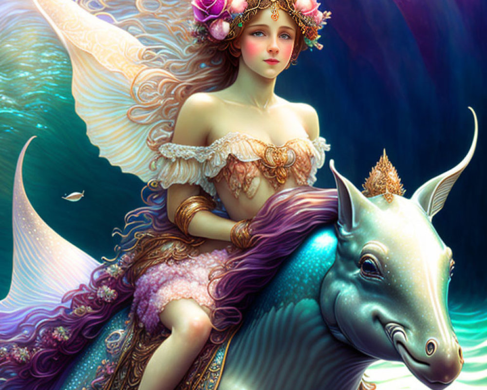 Fantasy Illustration: Woman with Angelic Wings on Unicorn in Cosmic Setting