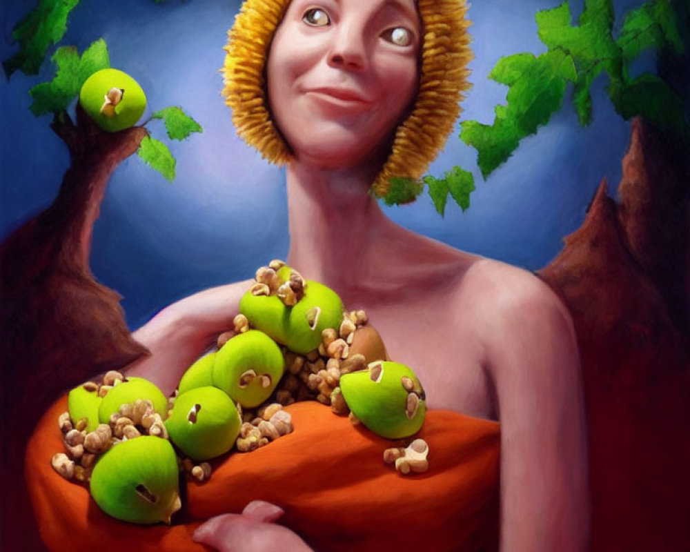 Colorful painting of person with exaggerated smile holding fruits and nuts