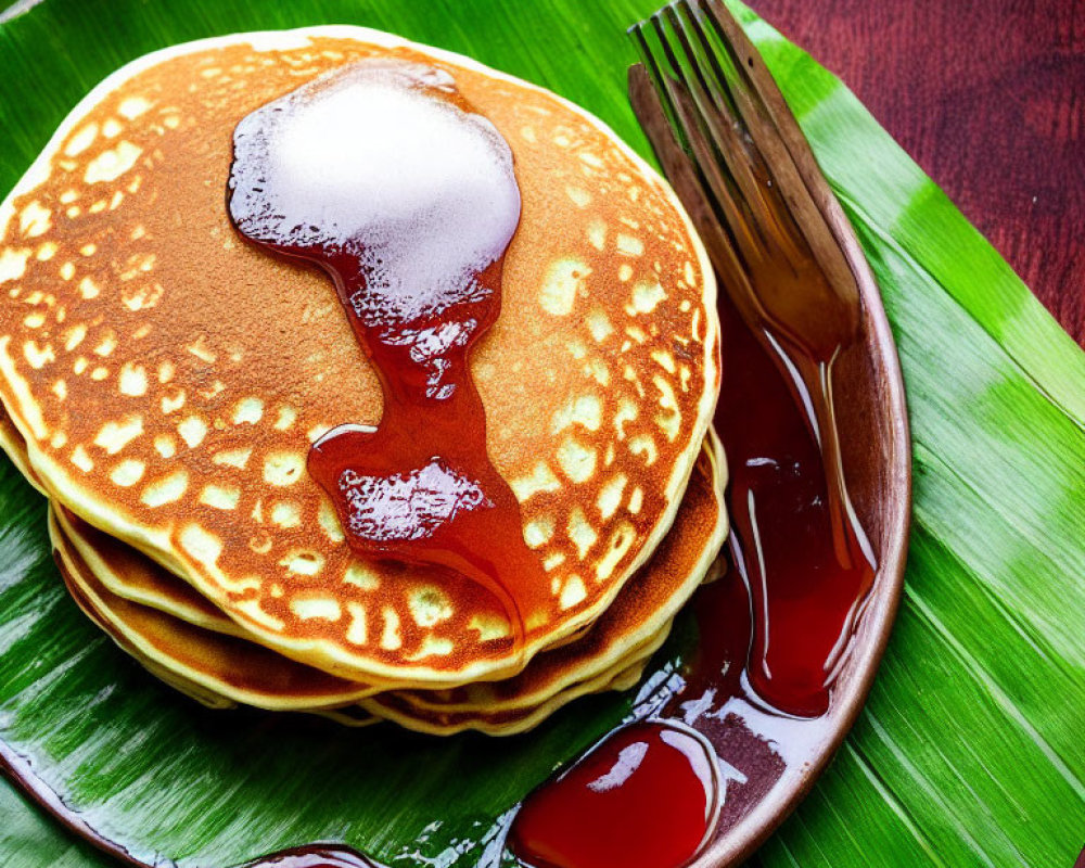 Golden pancakes with butter and maple syrup on green leaf plate