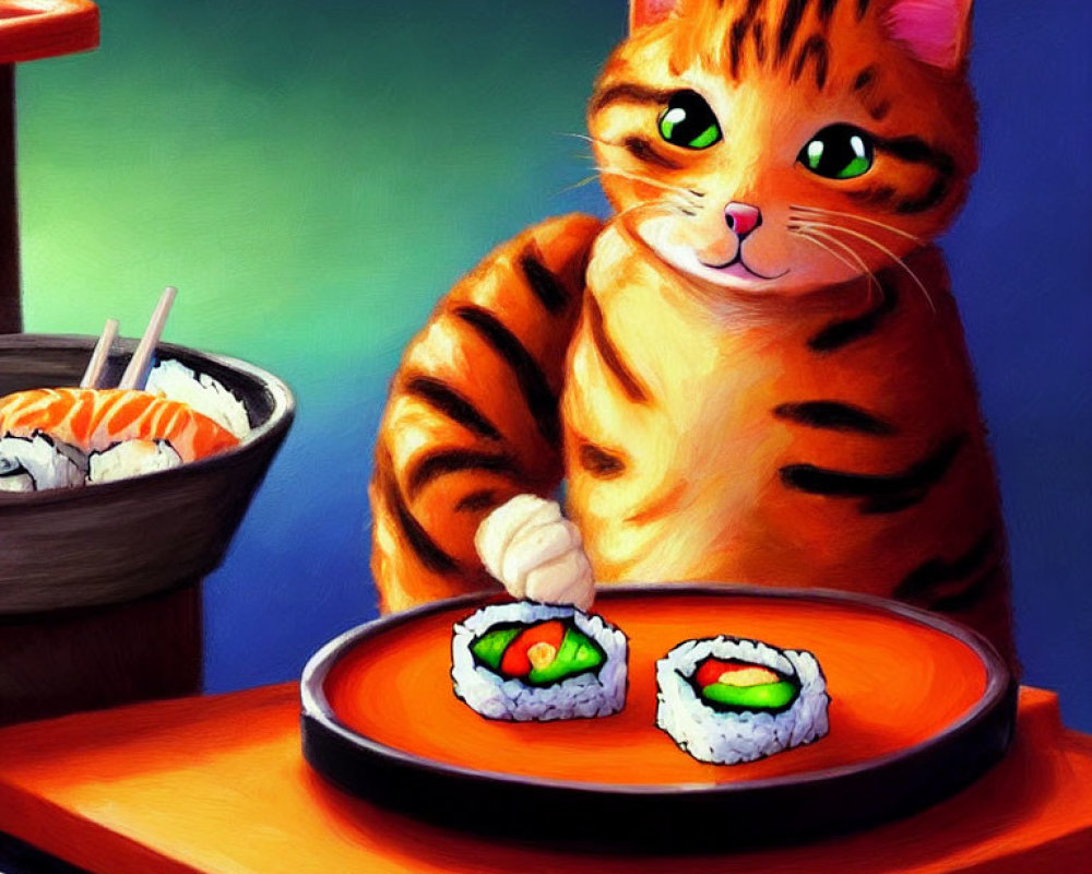 Orange Tabby Cat with Green Eyes Playfully Reaching for Sushi