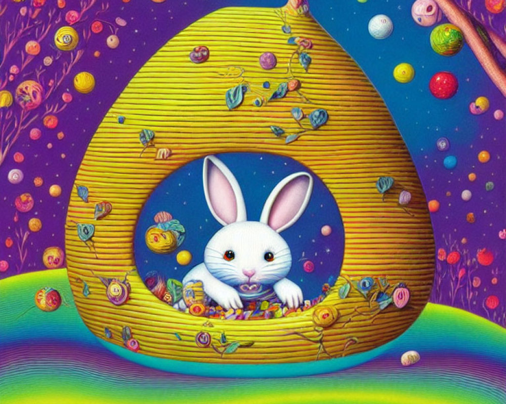 White rabbit in cosmic egg surrounded by flowers and fruits in colorful universe