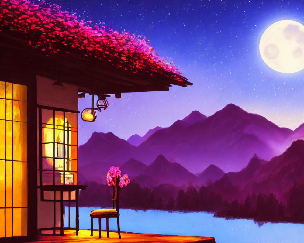 Traditional House Illustration with Flowering Roof, Starry Sky, Mountains, and Moonlit Lake